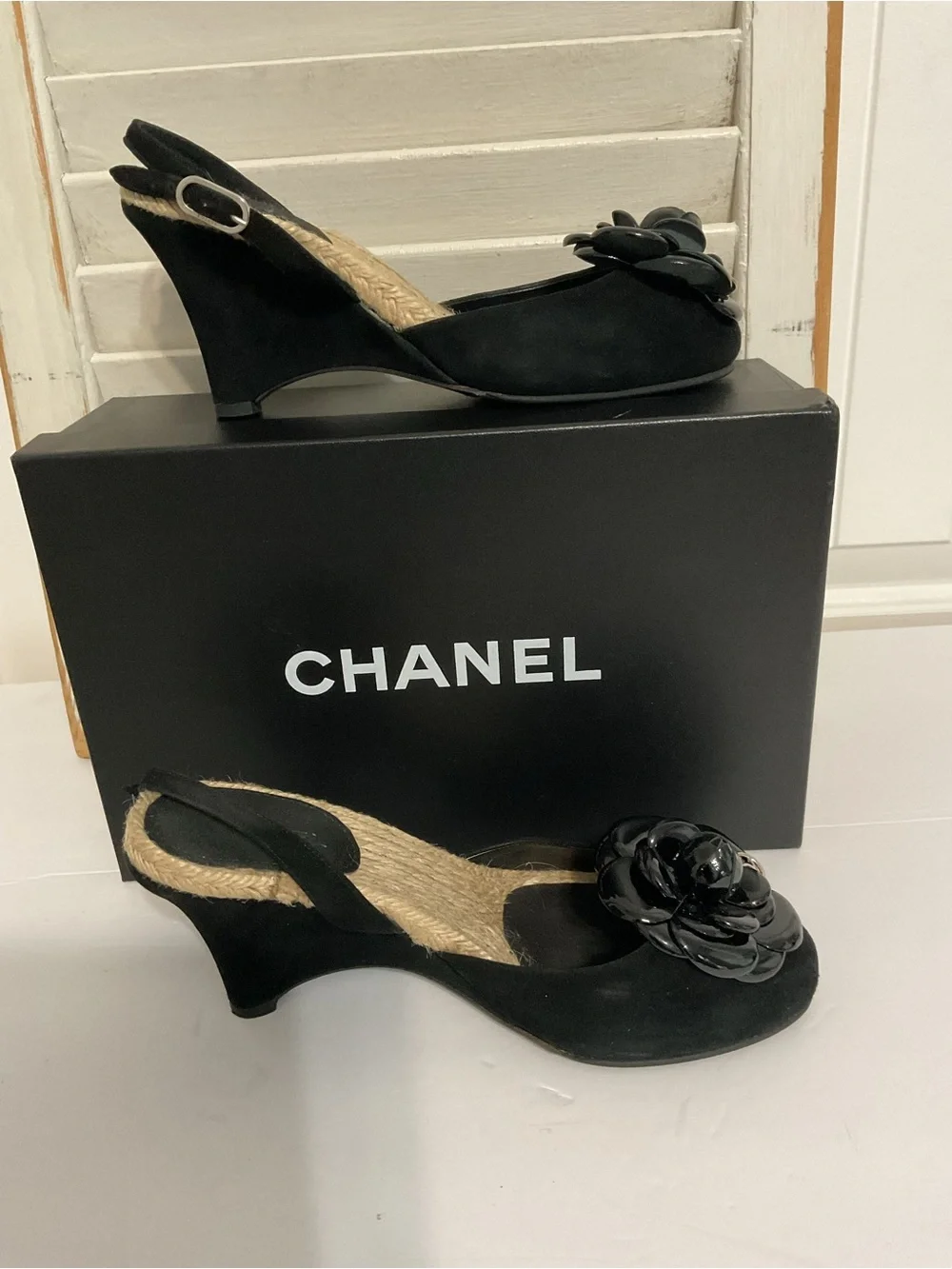 CHANEL Camellia Suede Espadrille Wedge